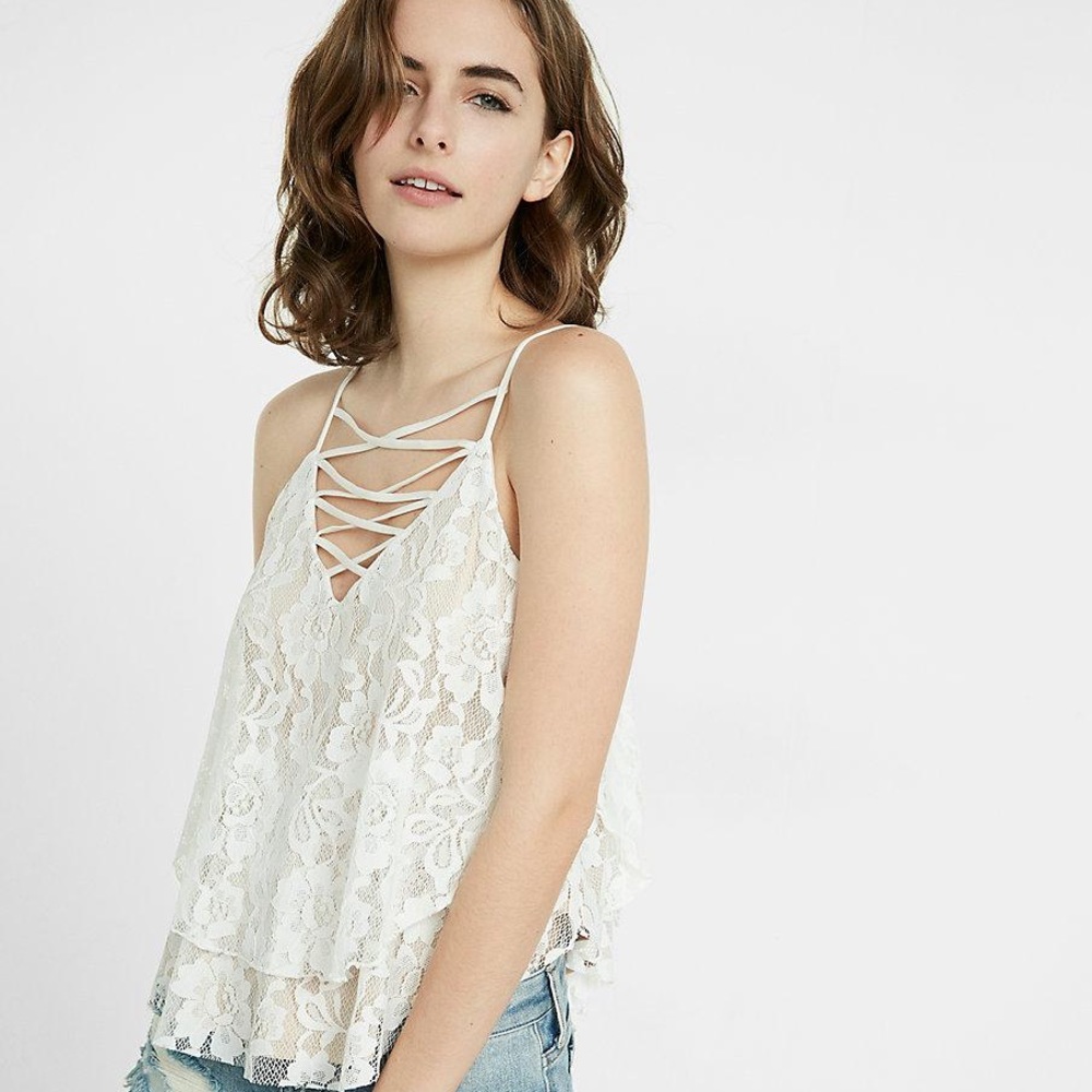 Express Floral Lace Tiered Lace-Up V-Neck Cami